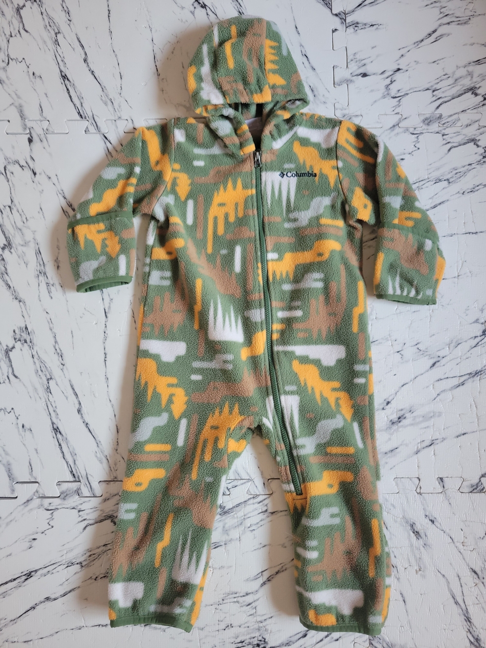 Columbia Green Camo Fleece Hooded One-Piece with Yellow Accents